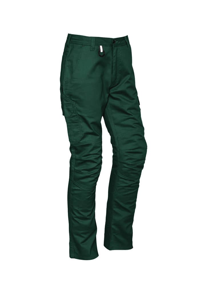 Mens rugged cargo pants in a deep green colour, featuring multiple pockets and a logo on the waistband.