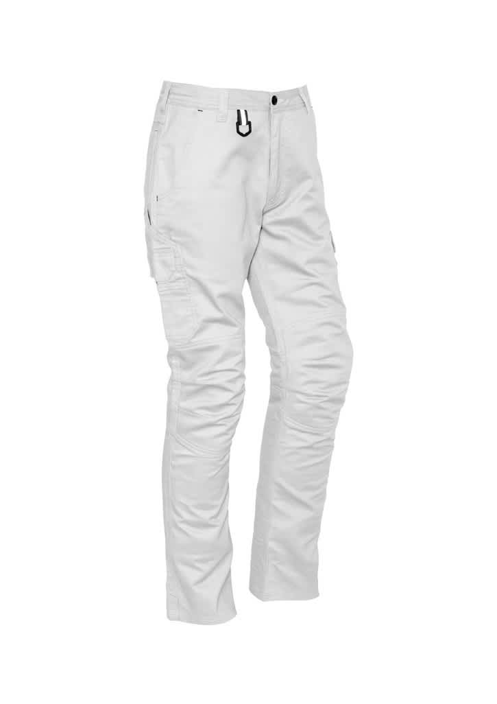 Mens rugged cargo pants in light grey, featuring multiple pockets and a clip, with a branded logo.