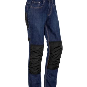 A pair of men's CORDURA® stretch denim work jeans in dark blue with black panels and reinforced knees.