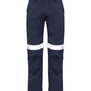 Navy work pants featuring reflective tape detail, designed in a traditional style with a logo present.
