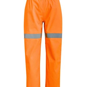 Orange waterproof pants with reflective strips and an elastic waistband, designed for workwear applications.