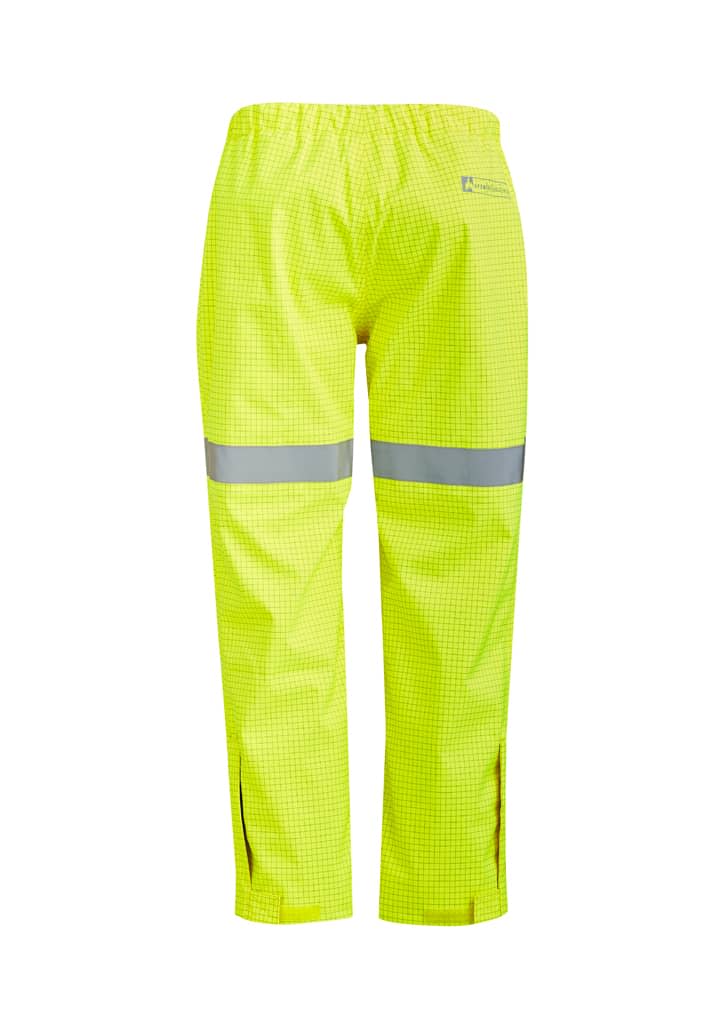Bright yellow waterproof pants with reflective stripes, designed for workwear. Features an elastic waistband and zippered openings.