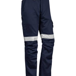Navy work pants with reflective tape and pockets, designed for rugged wear. Features a logo on the waistband.