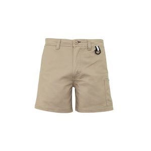 Khaki men's shorts with a pocket and clip, featuring a simple design. Includes a branding logo.