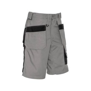 A pair of grey cargo shorts with multiple pockets and a black trim, featuring an attached belt loop and logo.