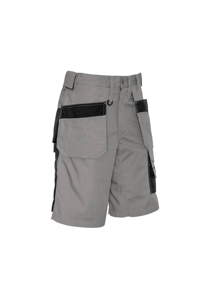 A pair of grey cargo shorts with multiple pockets and a black trim, featuring an attached belt loop and logo.