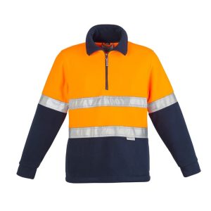 A unisex polar fleece pullover in high visibility orange with navy blue sleeves and reflective hoop tape.