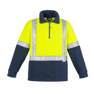 A unisex hi-vis polar fleece pullover in fluorescent yellow and navy, featuring reflective tape and a zippered neck.
