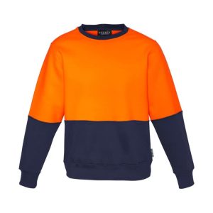 A unisex crew sweatshirt featuring a bright orange upper section and a navy lower section, with a logo on the front.