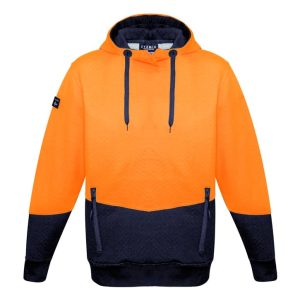 A unisex hi-vis textured jacquard hoodie in bright orange and navy, featuring a front pouch and a logo on the sleeve.