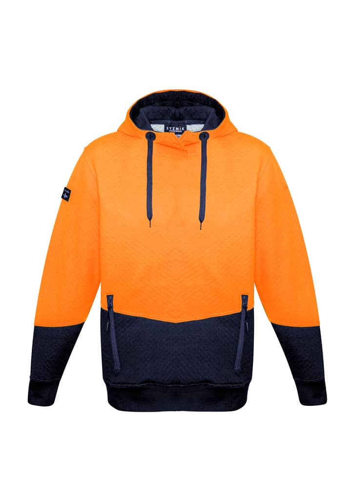 A unisex hi-vis textured jacquard hoodie in bright orange and navy, featuring a front pouch and a logo on the sleeve.