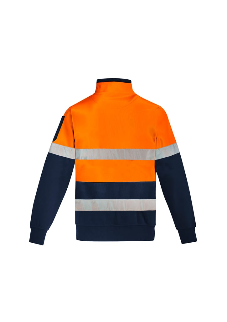 A hi-vis 1/4 zip pullover in orange with navy details and hoop tape reflective stripes at the back.