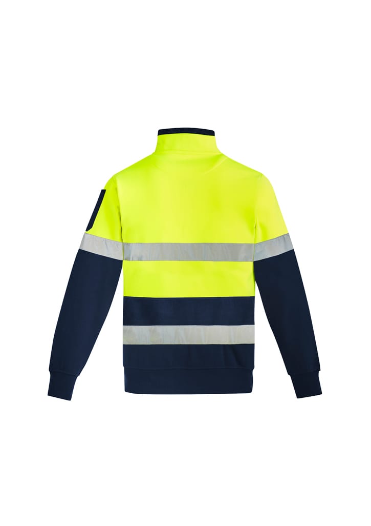 A high visibility 1/4 zip pullover in bright yellow and navy, featuring reflective hoop tape and a logo.