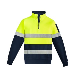 A bright yellow and navy 1/4 zip pullover with reflective hoop tape and a logo on the sleeve.