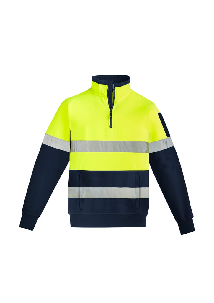 A bright yellow and navy 1/4 zip pullover with reflective hoop tape and a logo on the sleeve.