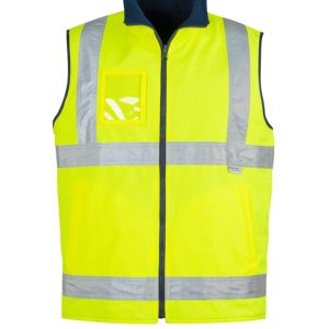 A bright yellow lightweight waterproof vest with reflective stripes and a navy collar, featuring a logo.