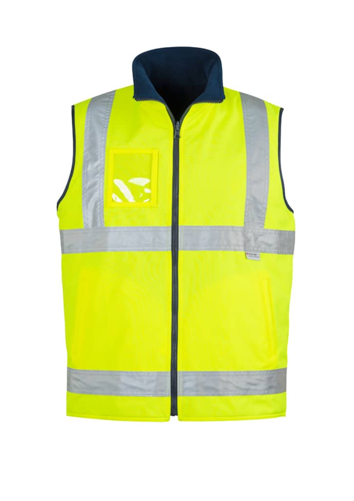A bright yellow lightweight waterproof vest with reflective stripes and a navy collar, featuring a logo.