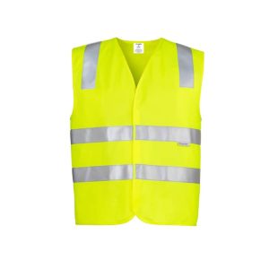 A unisex hi-vis vest in bright yellow with reflective silver stripes, featuring a simple design and no sleeves.