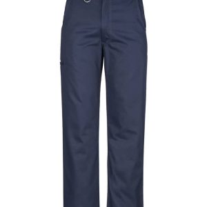 A pair of navy blue men's utility pants featuring a side pocket and a belt loop, with a logo on the waistband.