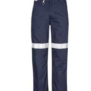 A pair of navy blue utility pants with reflective tape and a logo on the waistband.