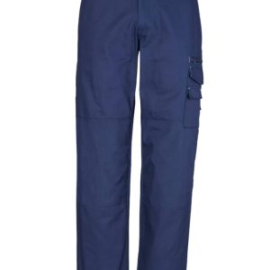 Navy blue Cordura® Duckweave work pants featuring multiple pockets and a logo. Suitable for workwear.