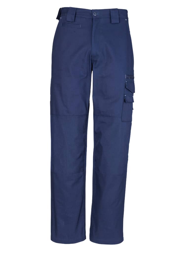 Navy blue Cordura® Duckweave work pants featuring multiple pockets and a logo. Suitable for workwear.