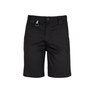 Plain black utility shorts featuring a front button and belt loop. Includes a logo on the waistband.