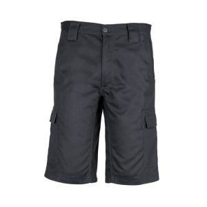 Men's midweight drill cargo shorts in black featuring side pockets and a waistband with belt loops.