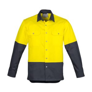 A long sleeve, high-visibility work shirt in yellow and navy with a logo on the chest.