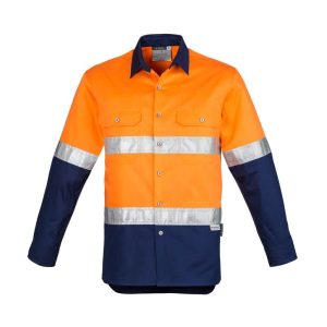 An orange and navy long sleeve work shirt with reflective stripes and a logo.
