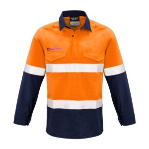 FR closed front hooped taped shirt in orange and navy, featuring reflective stripes and a logo. Long sleeves with pockets.