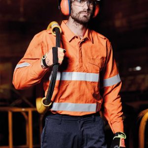 An orange work shirt with reflective tape, worn by a man holding a tool, accompanied by a safety helmet and gloves.