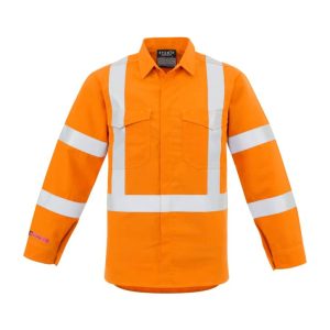 A men's hi-vis orange work shirt featuring reflective stripes and long sleeves. The shirt includes a logo.