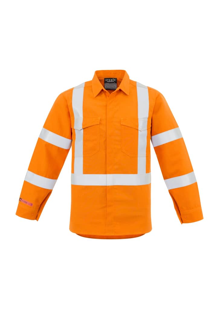 A men's hi-vis orange work shirt featuring reflective stripes and long sleeves. The shirt includes a logo.