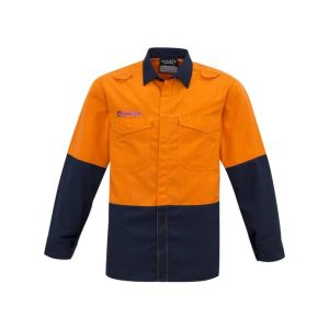 A high visibility spliced shirt featuring orange and navy colours, with two front pockets and a branding logo.