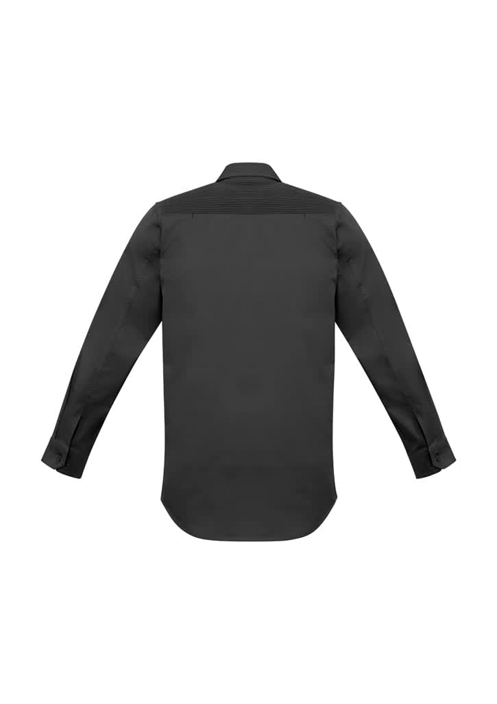 A black long-sleeved work shirt with a standard collar and buttoned cuffs, featuring a logo on the back.