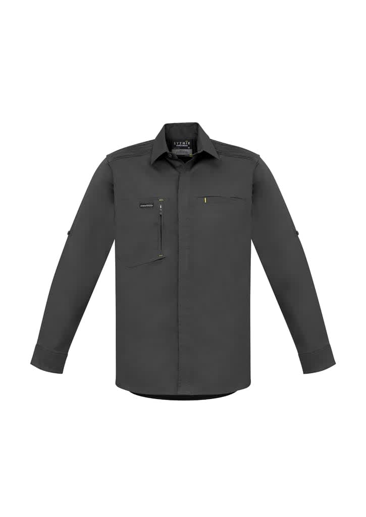 A long-sleeve, stretch work shirt in charcoal grey, featuring a chest pocket and a logo on the label.