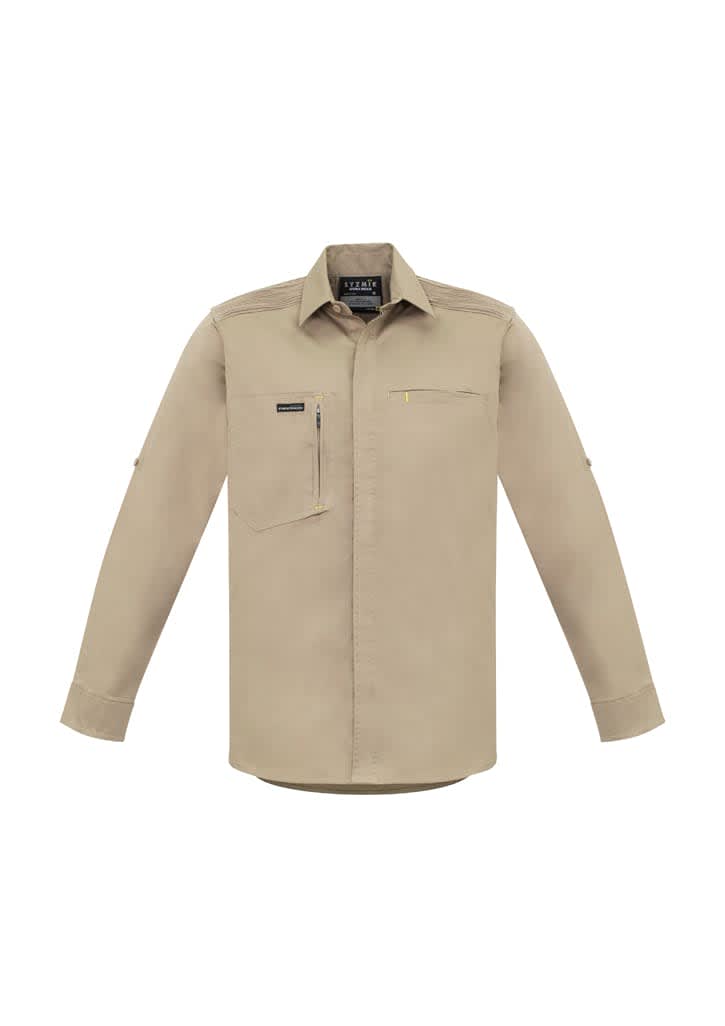 A long-sleeved stretch shirt in khaki with a chest pocket and logo branding. Suitable for workwear use.