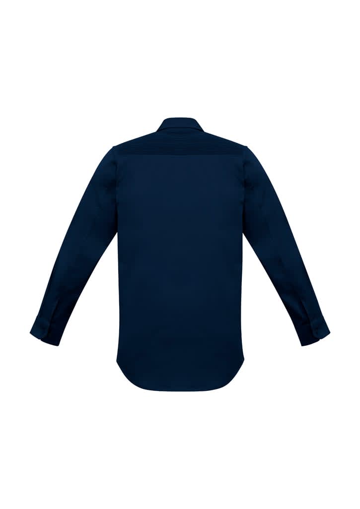 A navy blue long-sleeve shirt with a standard collar and button cuffs, featuring a logo.