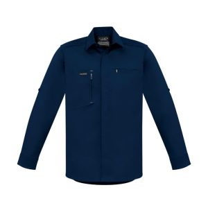 A navy long-sleeve stretch shirt with a chest pocket and branding. Suitable for workwear use.