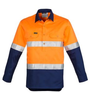 A long sleeve work shirt featuring orange and navy colours with reflective hoop tape and a logo.