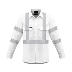 A white long sleeve work shirt with reflective strips, featuring two front pockets and a logo on the chest.