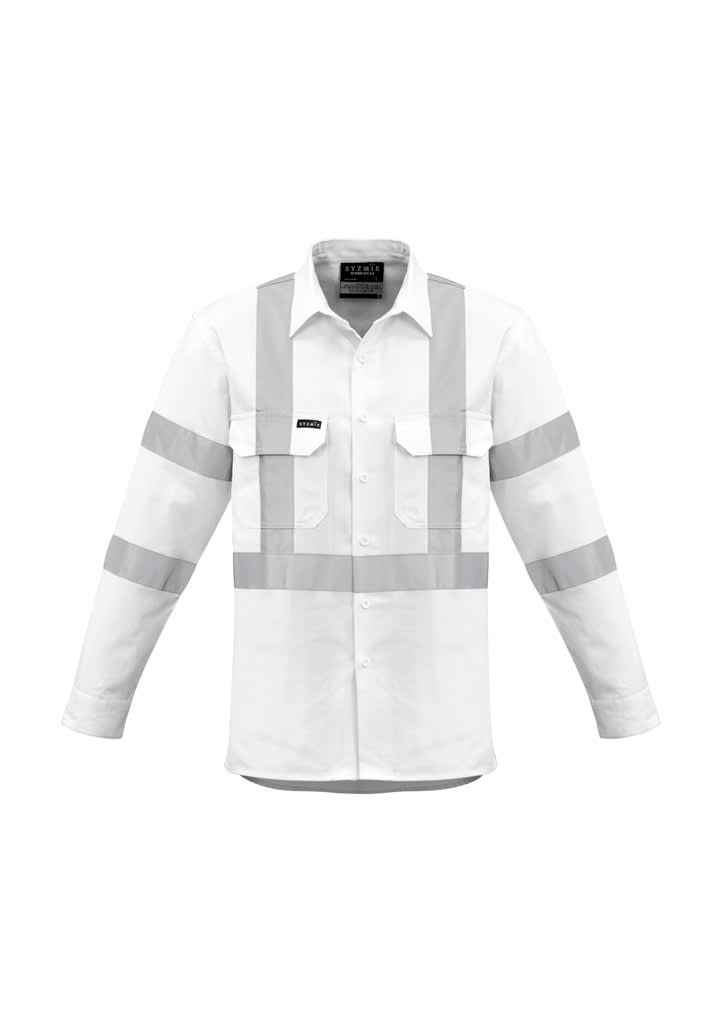 A white long sleeve work shirt with reflective strips, featuring two front pockets and a logo on the chest.