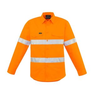 A long sleeve shirt in bright orange with reflective hoop tape across the chest and arms. It features a logo.