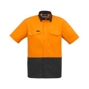 A short sleeve shirt in orange and black with a collar, featuring front pockets and a logo on the chest.