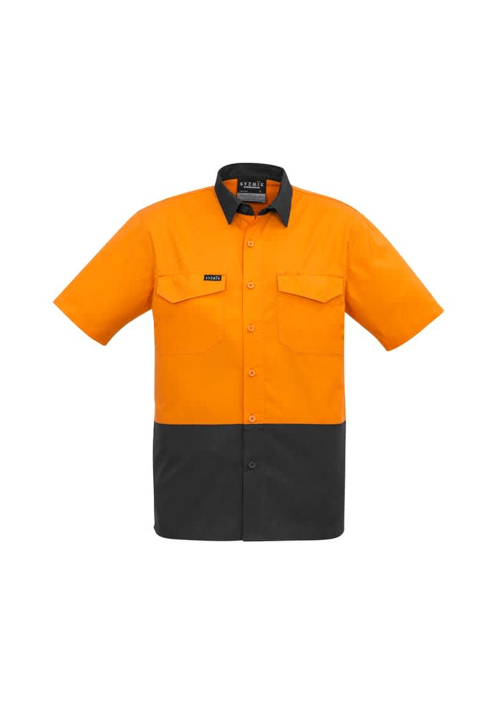 A short sleeve shirt in orange and black with a collar, featuring front pockets and a logo on the chest.