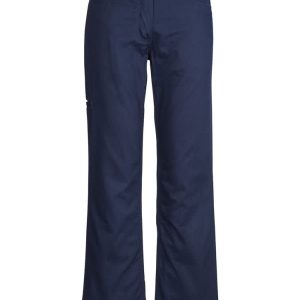 A pair of navy plain utility pants, featuring a straight-leg design and a pocket on the side.