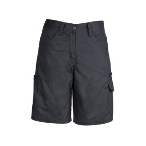 A pair of women's plain black utility shorts with multiple pockets and a button closure. It features a logo.