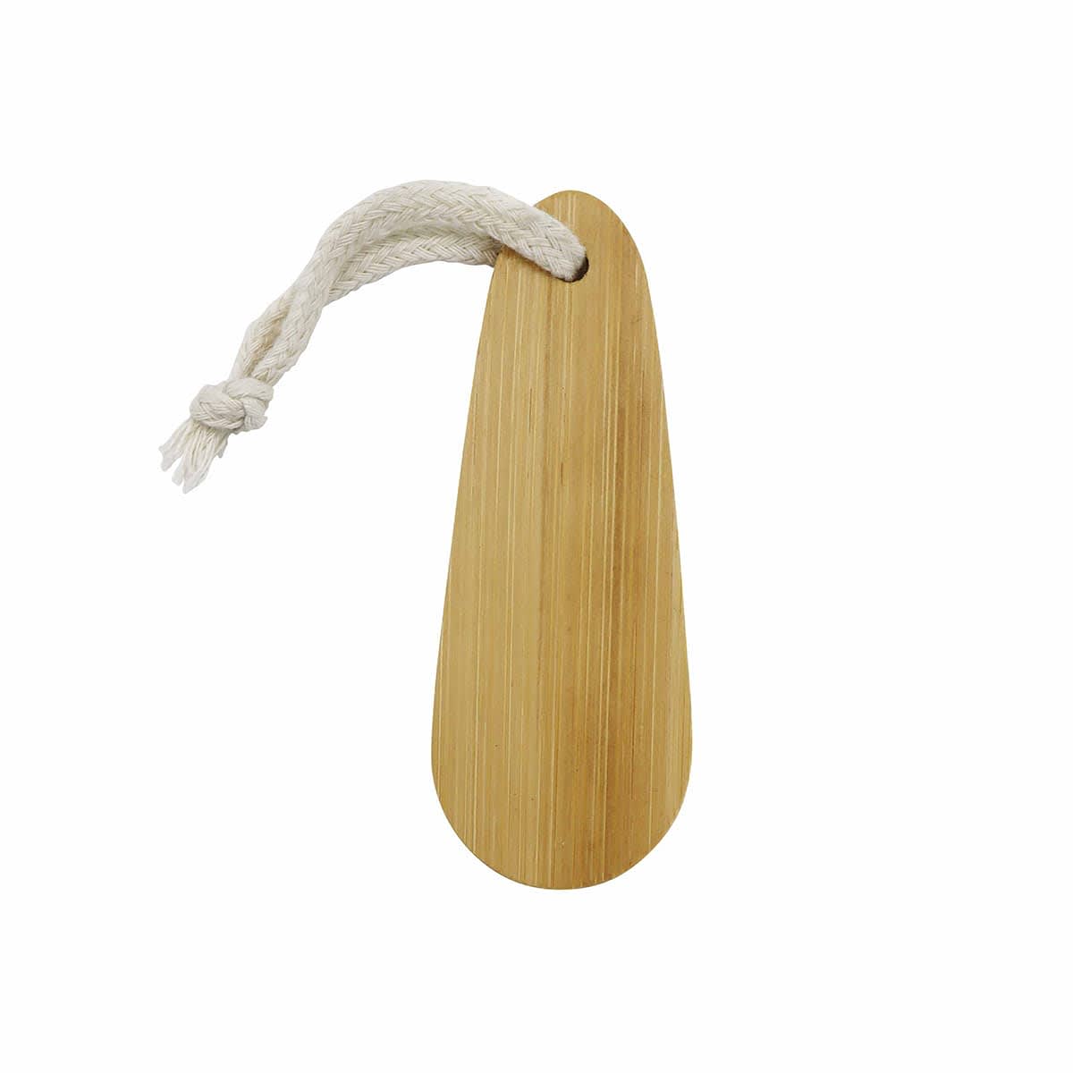 A bamboo paddle nail file with a light brown finish and a hanging rope. It has a smooth, oval shape.