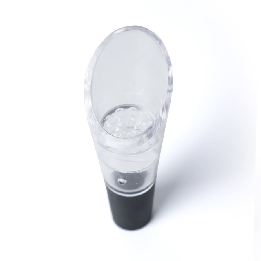 A clear and black Vinifera Aerator with a sleek design, featuring a curved opening and small aeration bubbles inside.